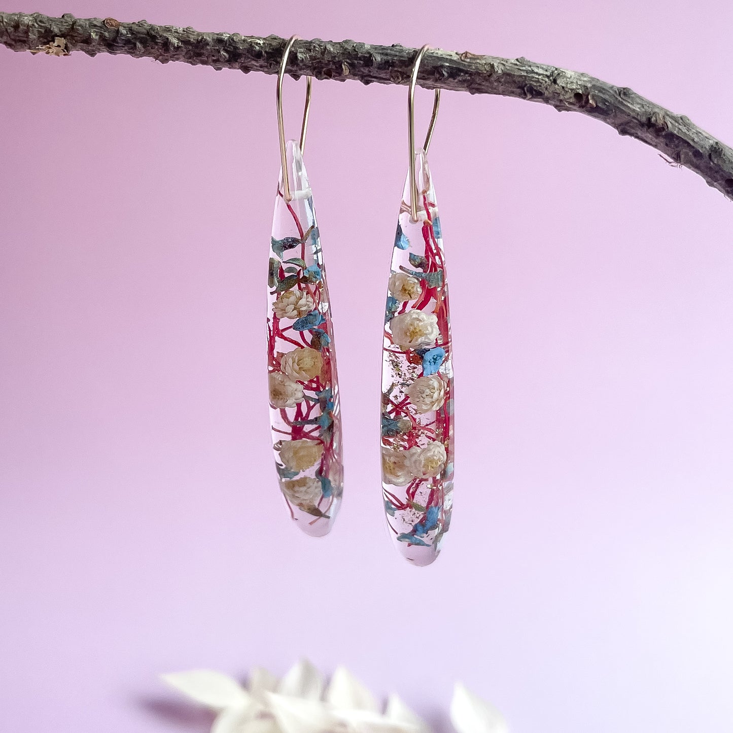 Teardrop Dangles - Rice flower and Thryptomene