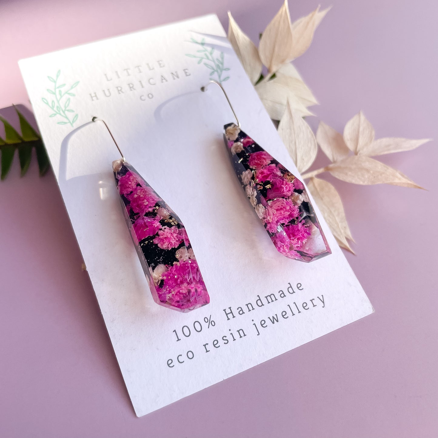 Pink Baby's Breath on black Faceted Dangle