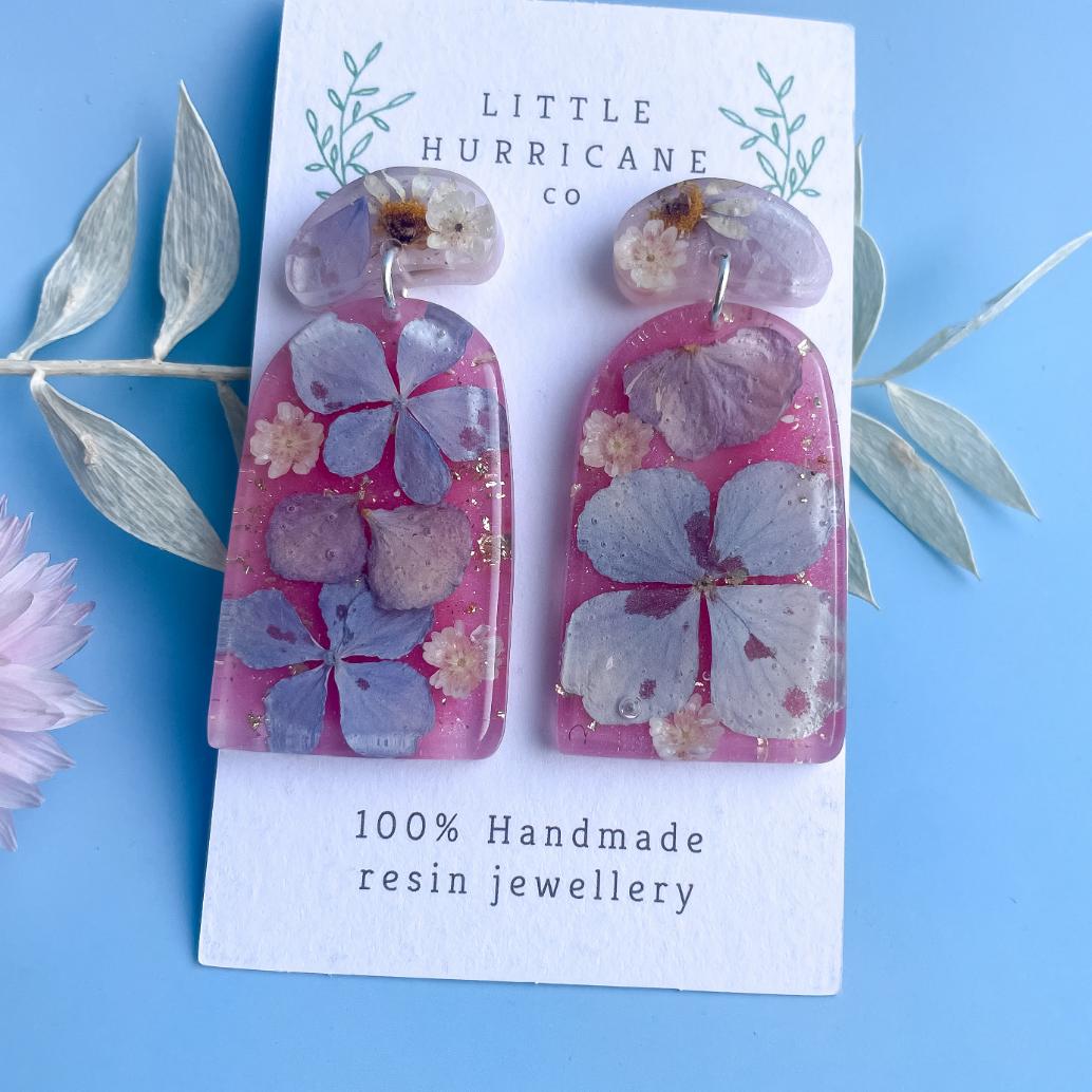 Blue Hydrangea on Pink Arch Earrings