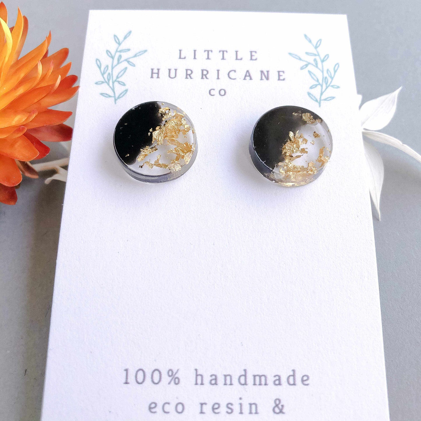 Button Studs - Black & Gold Leaf