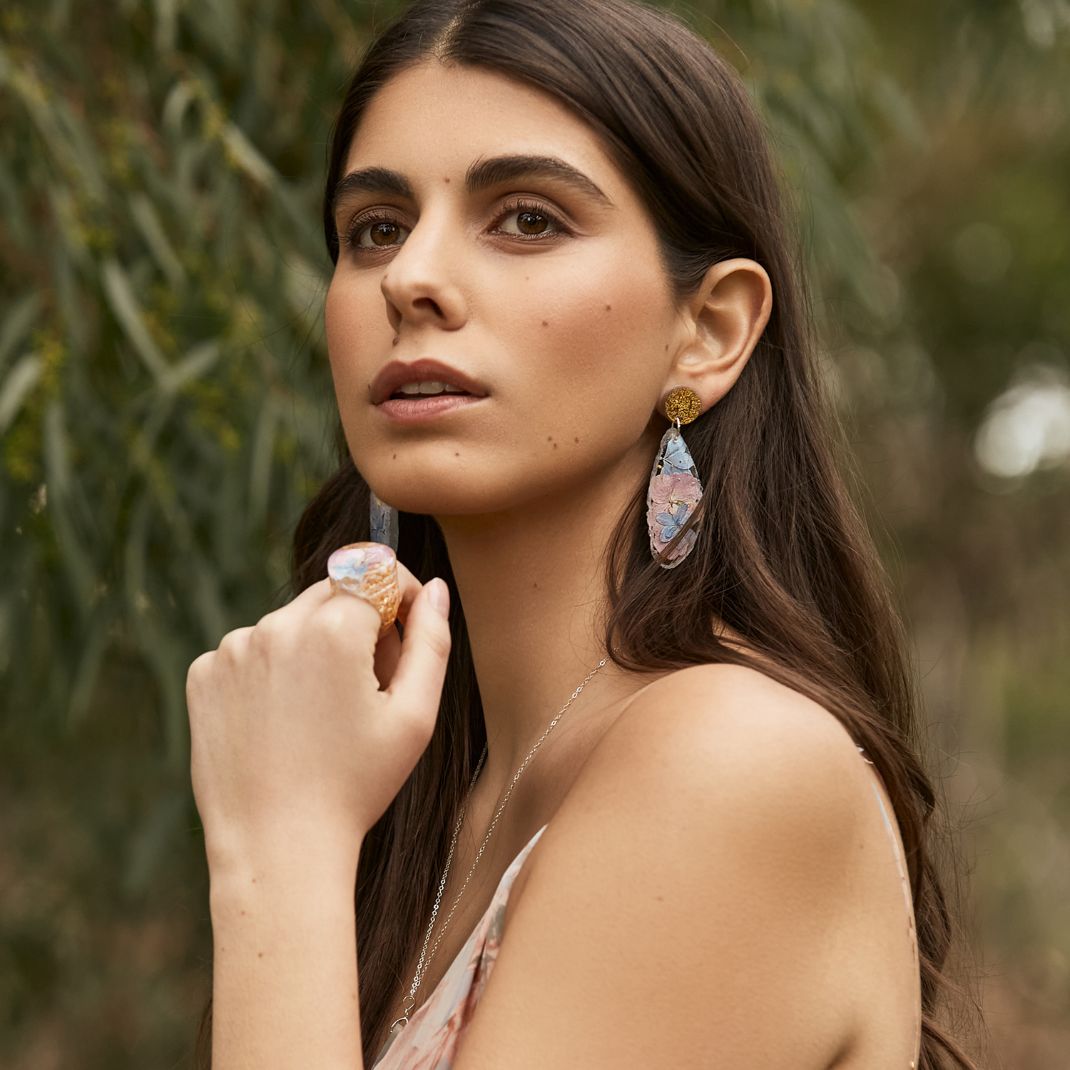 Floating Hydrangea Dream on Blue Geode Earrings