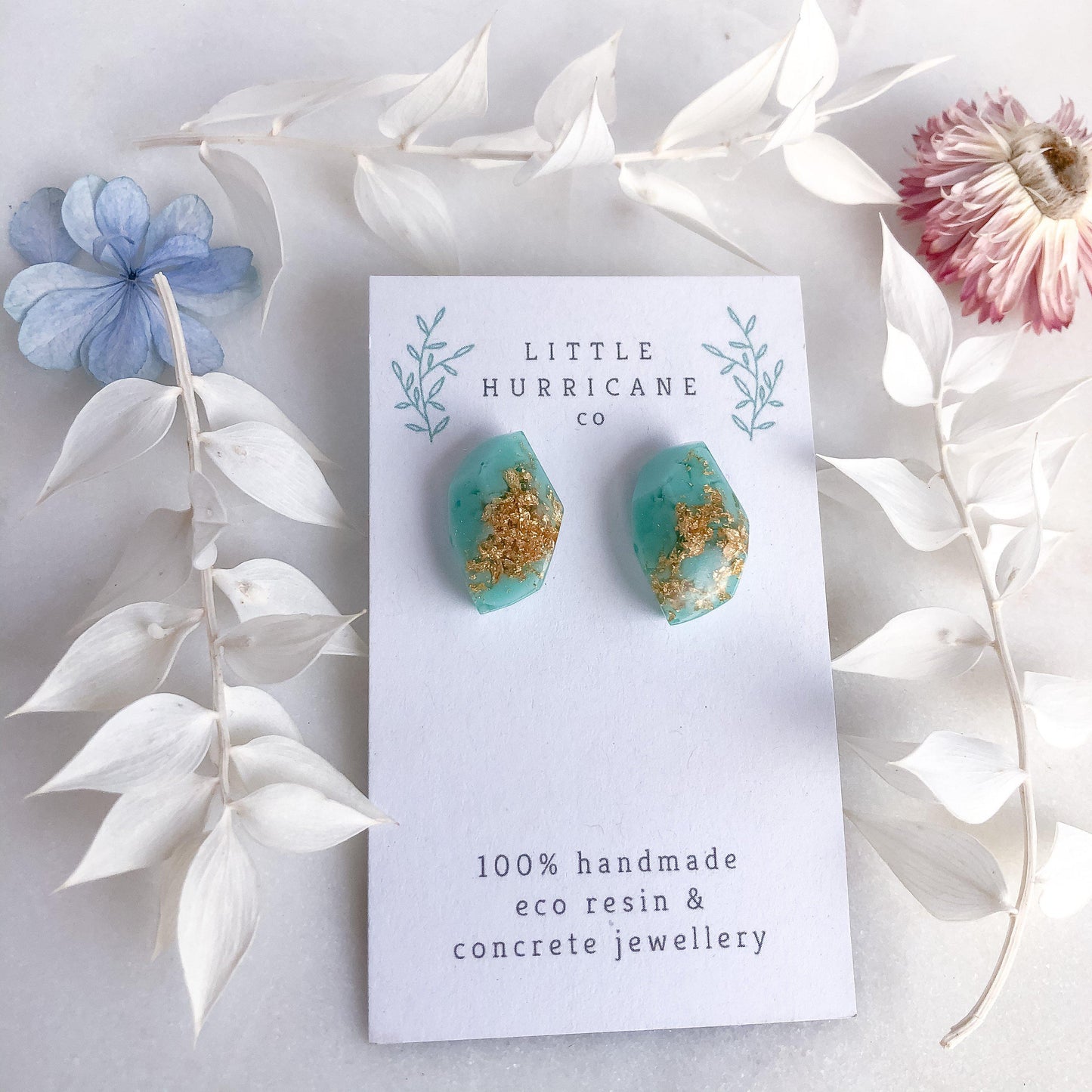 Gold Leaf Turquoise Geometric Studs - Little Hurricane Co