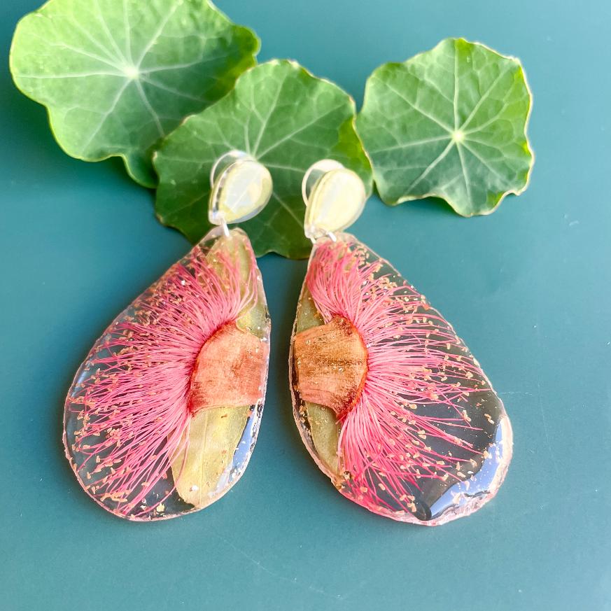 Vintage Pink Gum & Eucalyptus Leaf Geode Earrings