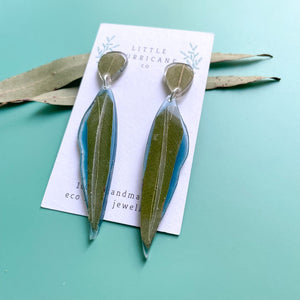Eucalyptus leaf dangle earrings on blue