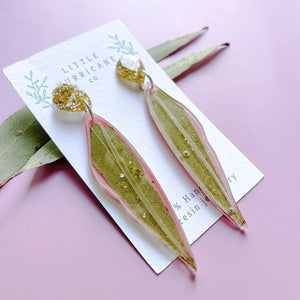 Eucalyptus leaf dangle earrings on pink