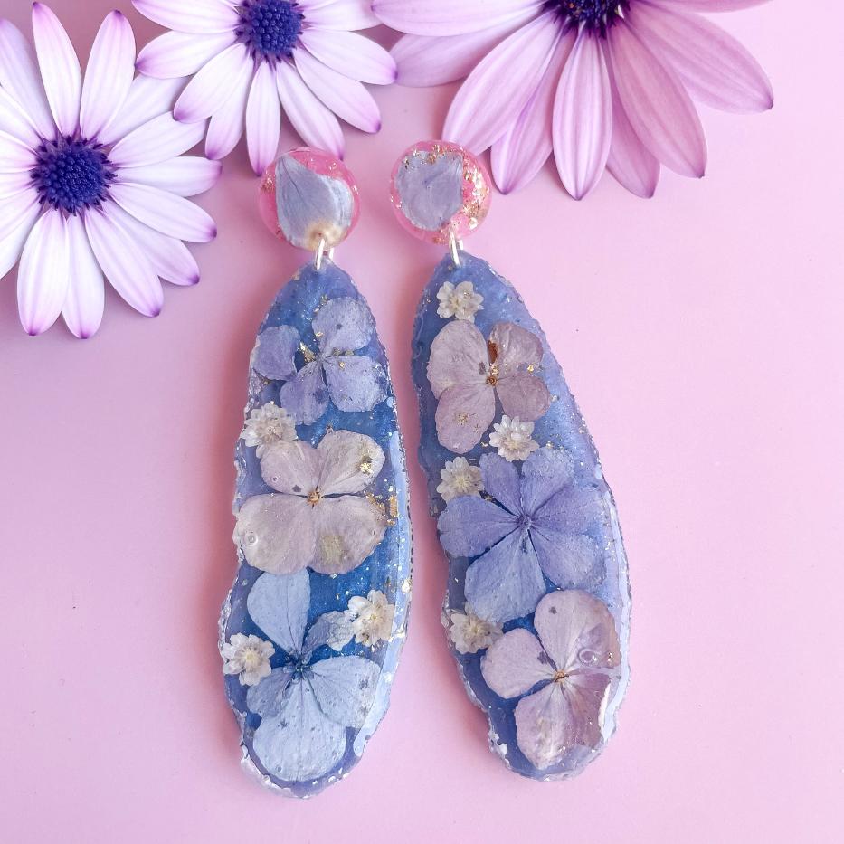 Floating Hydrangea Dream on Blue Geode Earrings
