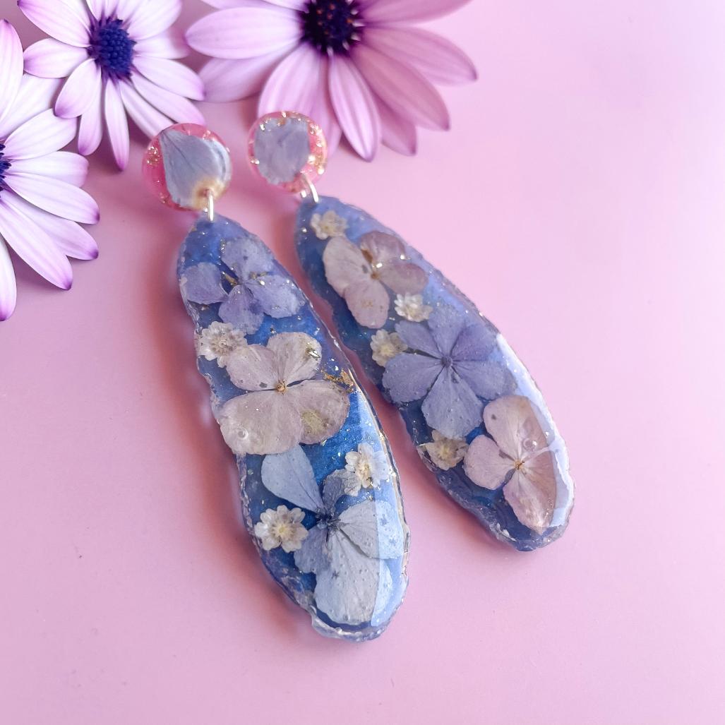 Floating Hydrangea Dream on Blue Geode Earrings