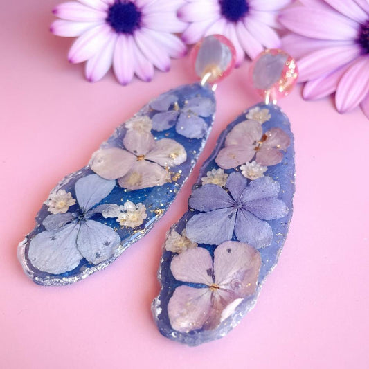 Floating Hydrangea Dream on Blue Geode Earrings