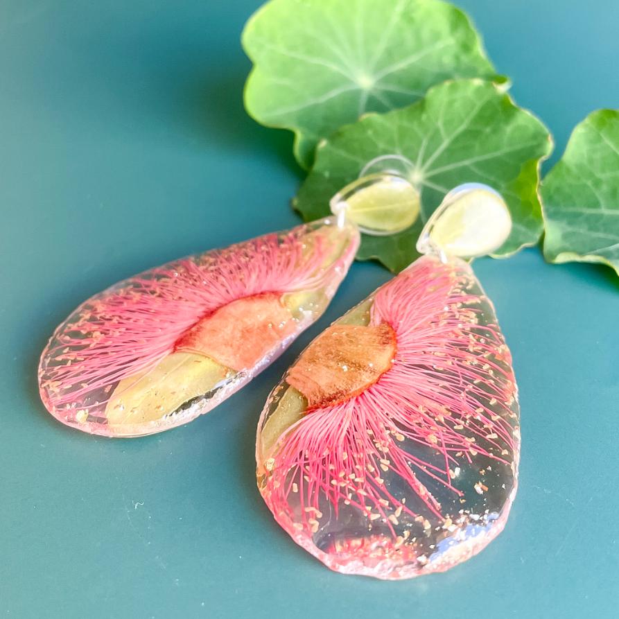 Vintage Pink Gum & Eucalyptus Leaf Geode Earrings