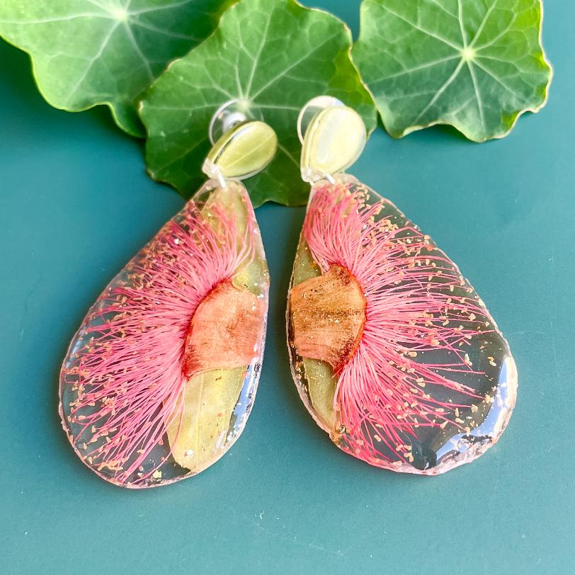 Vintage Pink Gum & Eucalyptus Leaf Geode Earrings