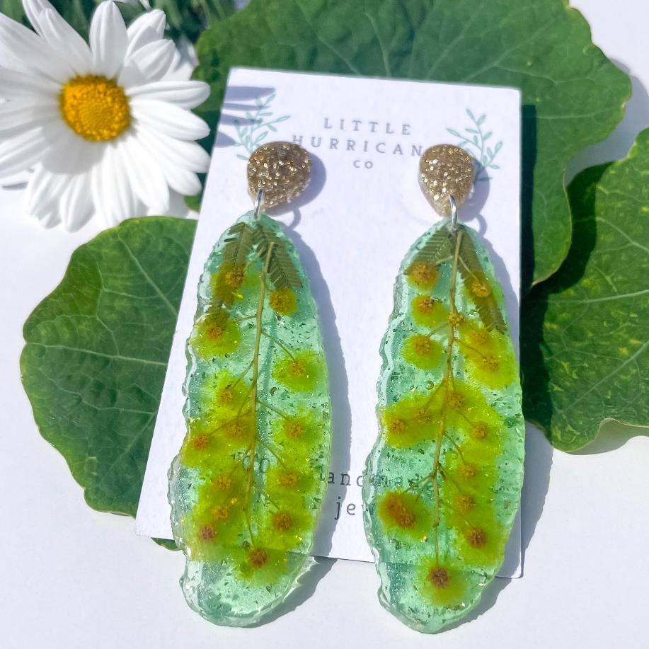 Golden Wattle on Green Geode Earrings
