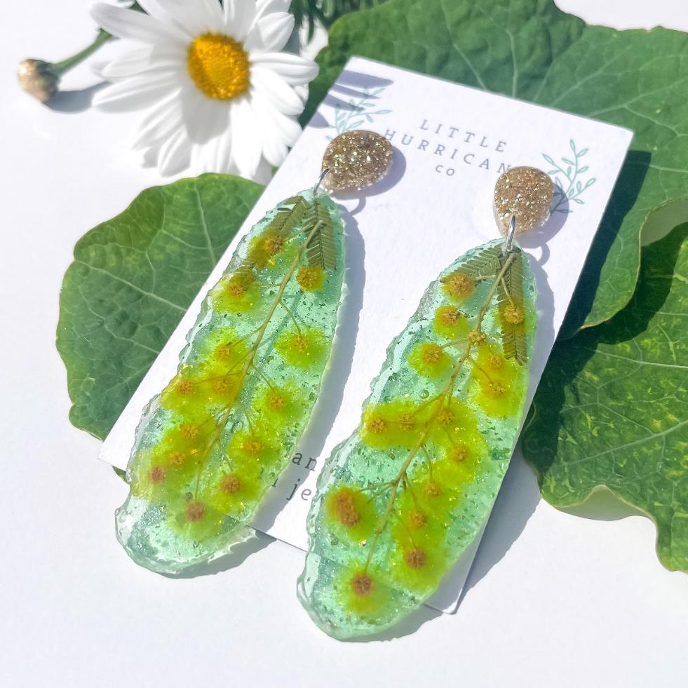 Golden Wattle on Green Geode Earrings