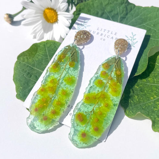 Golden Wattle on Green Geode Earrings