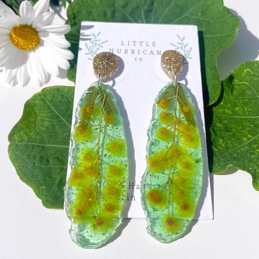 Golden Wattle on Green Geode Earrings