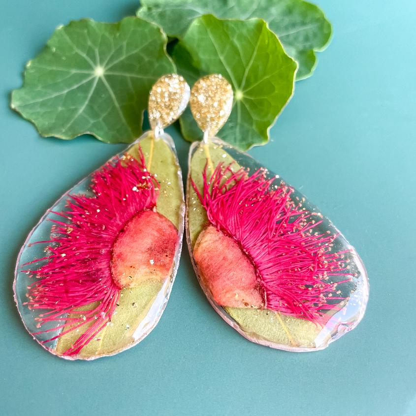 Pink Gum & Eucalyptus Leaf Geode Earrings