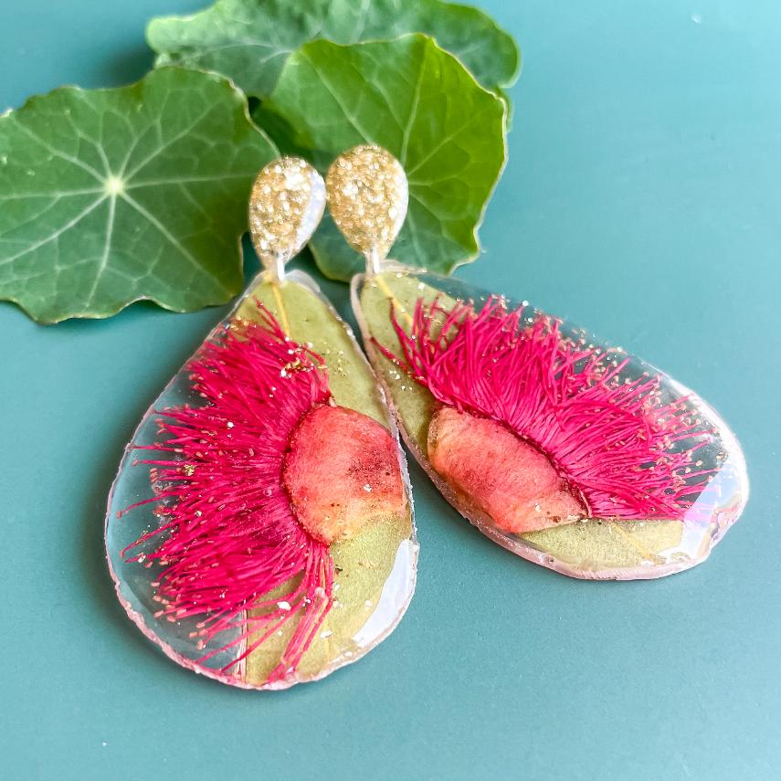 Pink Gum & Eucalyptus Leaf Geode Earrings