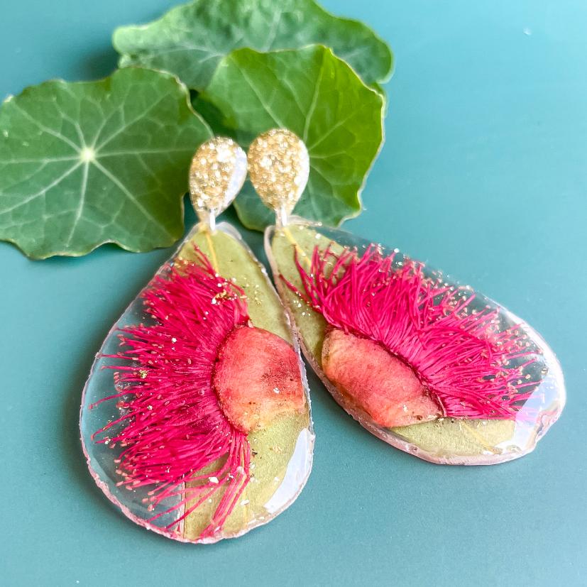 Pink Gum & Eucalyptus Leaf Geode Earrings