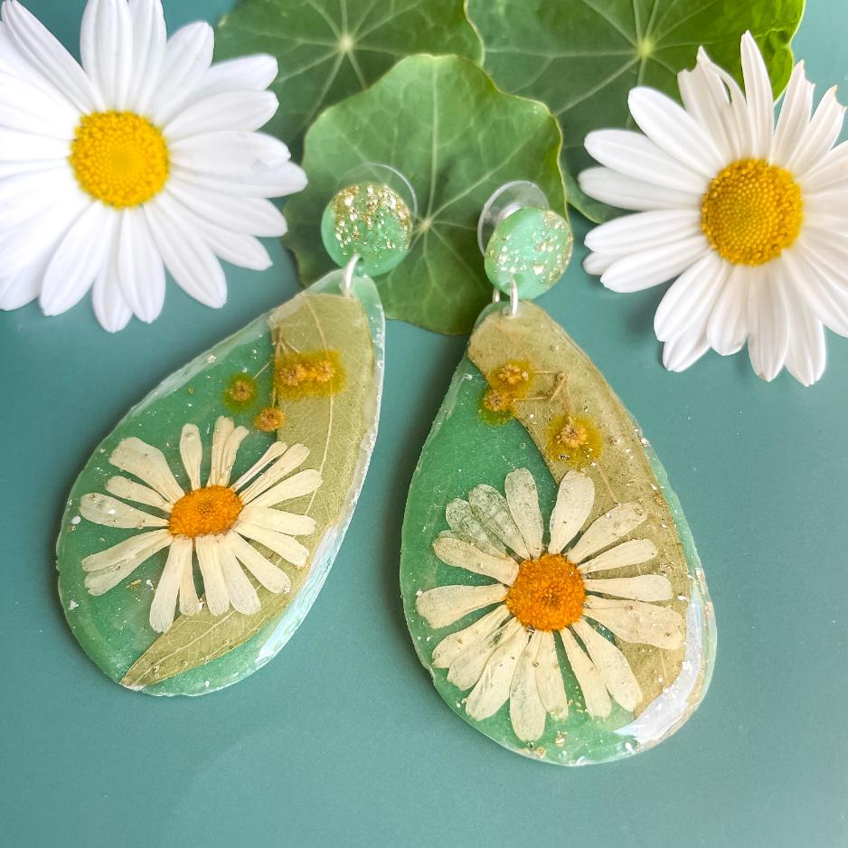 Daisy & Eucalyptus Geode Earrings