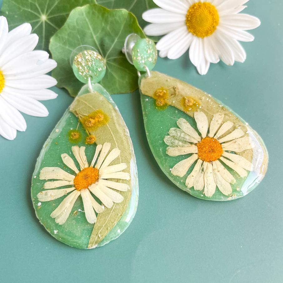 Daisy & Eucalyptus Geode Earrings
