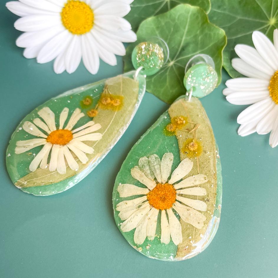 Daisy & Eucalyptus Geode Earrings