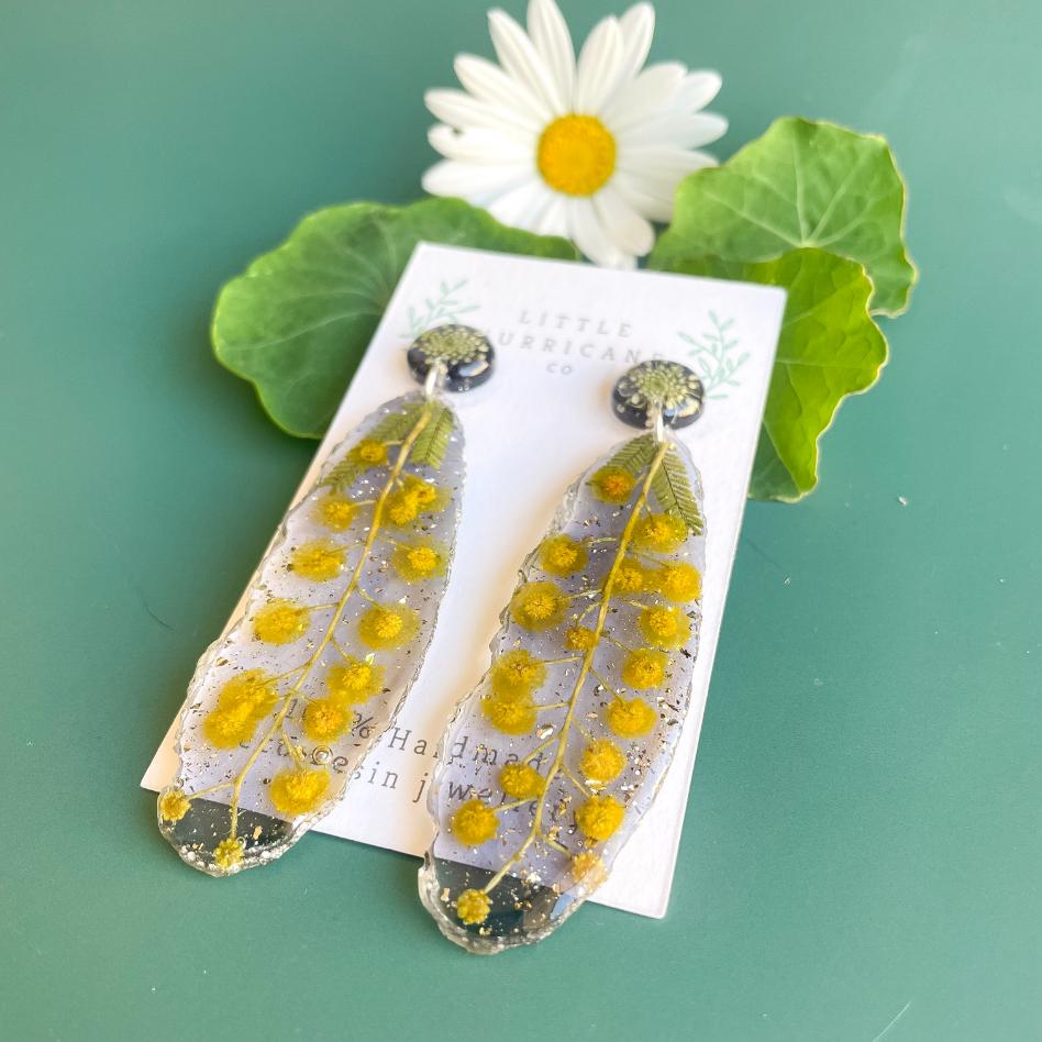 Golden Wattle on Black Geode Earrings