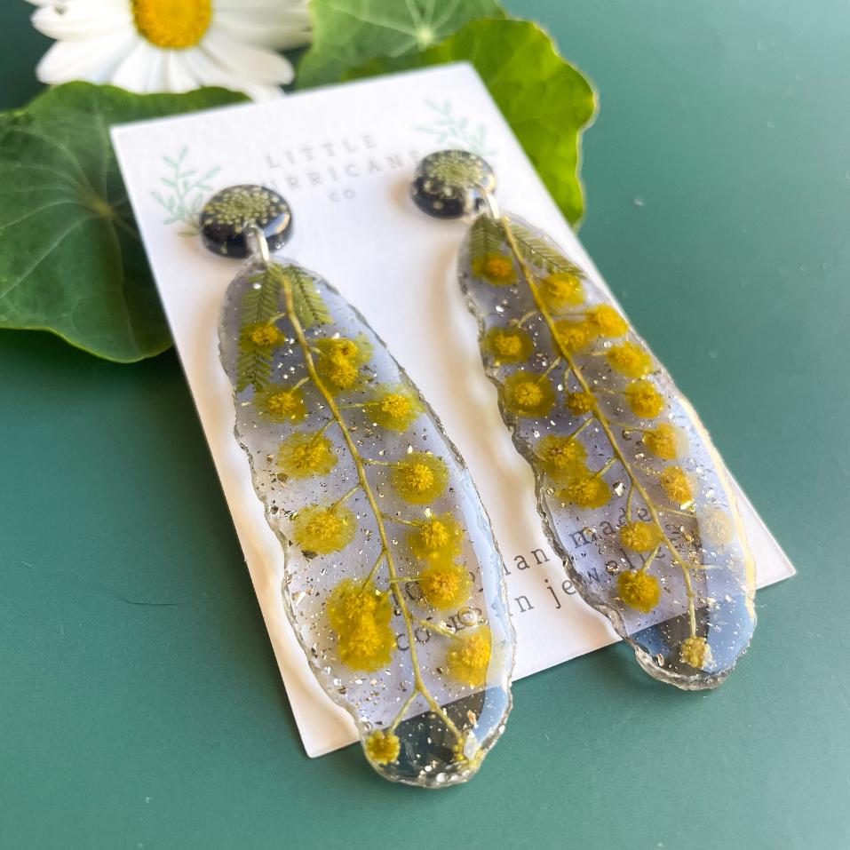 Golden Wattle on Black Geode Earrings