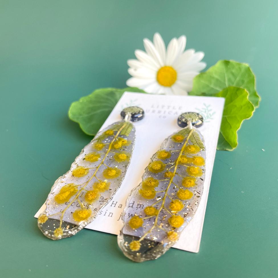 Golden Wattle on Black Geode Earrings