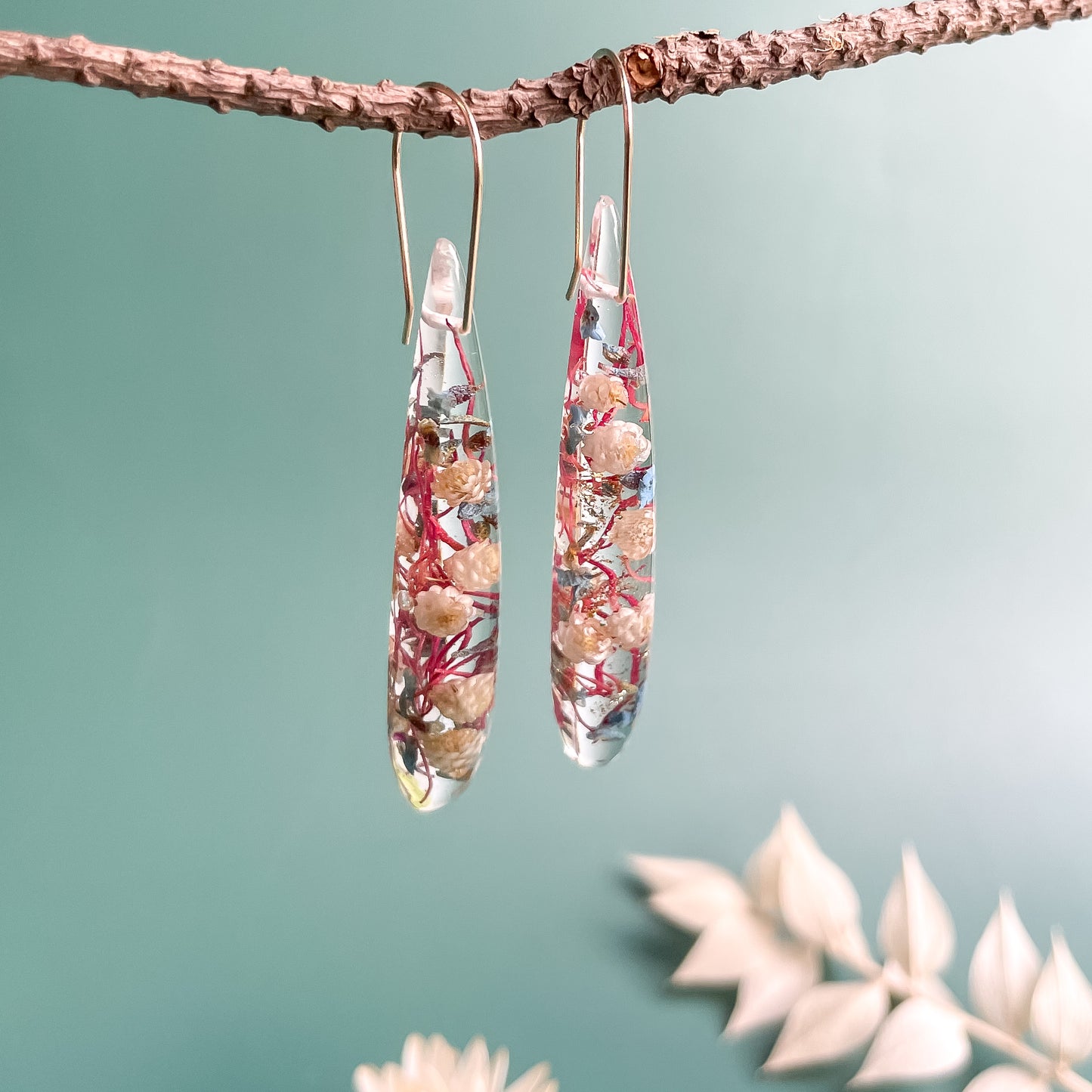 Teardrop Dangles - Rice flower and Thryptomene