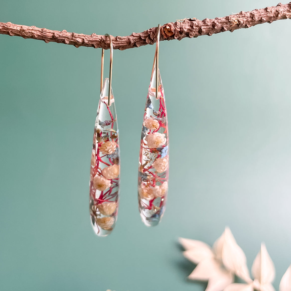 Teardrop Dangles - Rice flower and Thryptomene