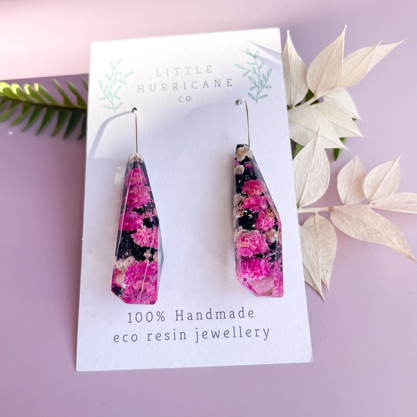 Pink Baby's Breath on black Faceted Dangle