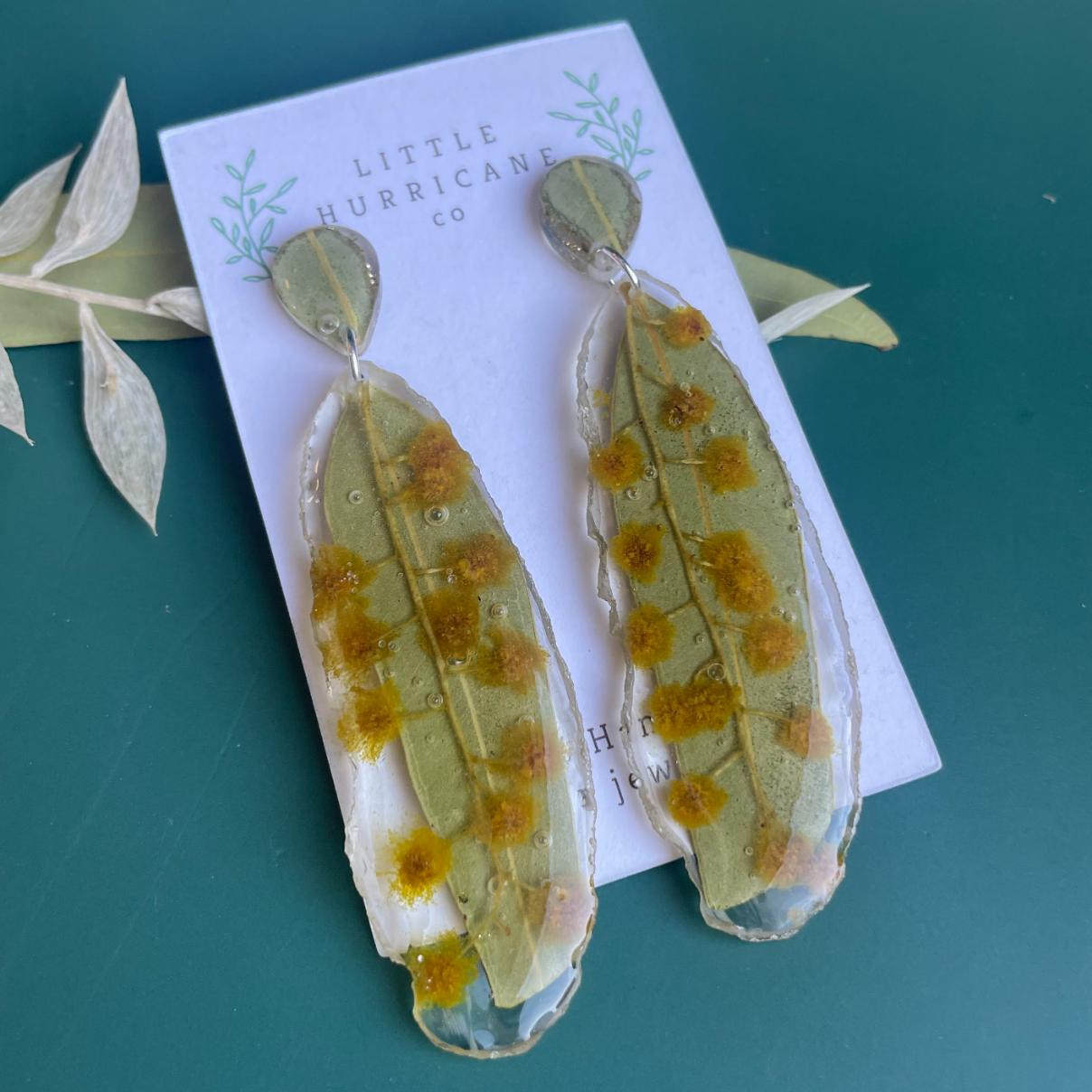 Golden Wattle & Eucalyptus Geode Earrings