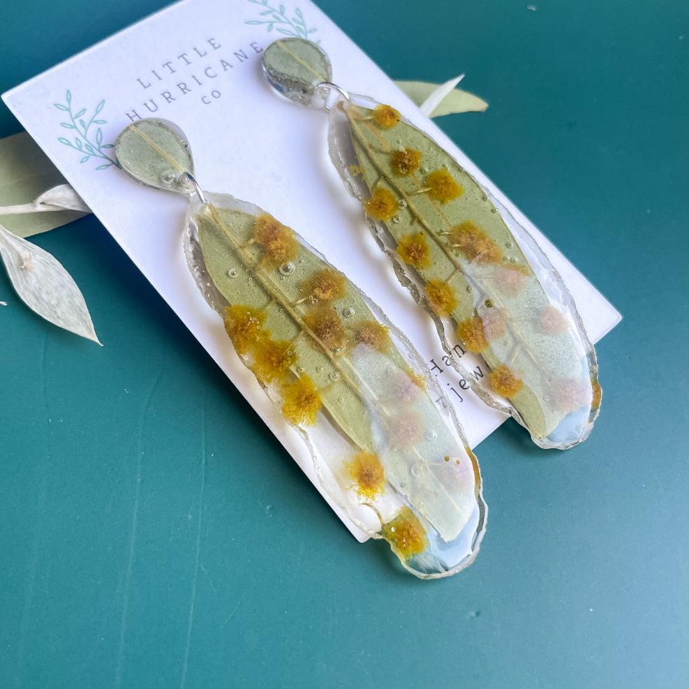 Golden Wattle & Eucalyptus Geode Earrings