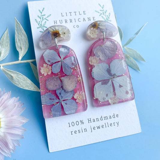 Blue Hydrangea on Pink Arch Earrings