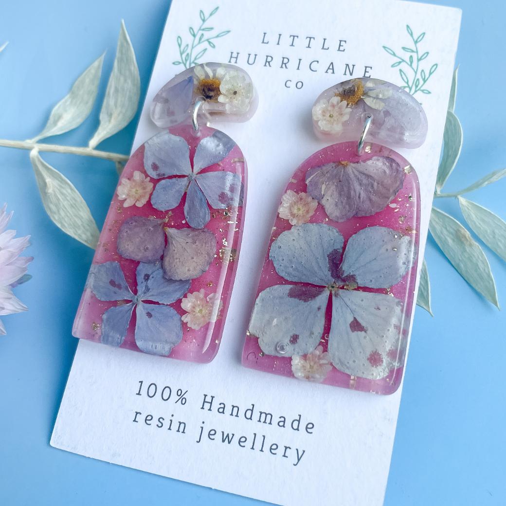 Blue Hydrangea on Pink Arch Earrings