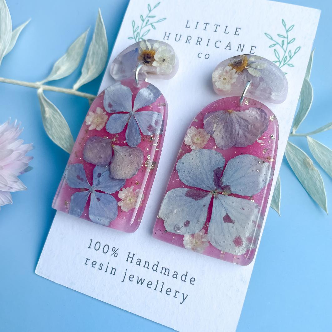 Blue Hydrangea on Pink Arch Earrings