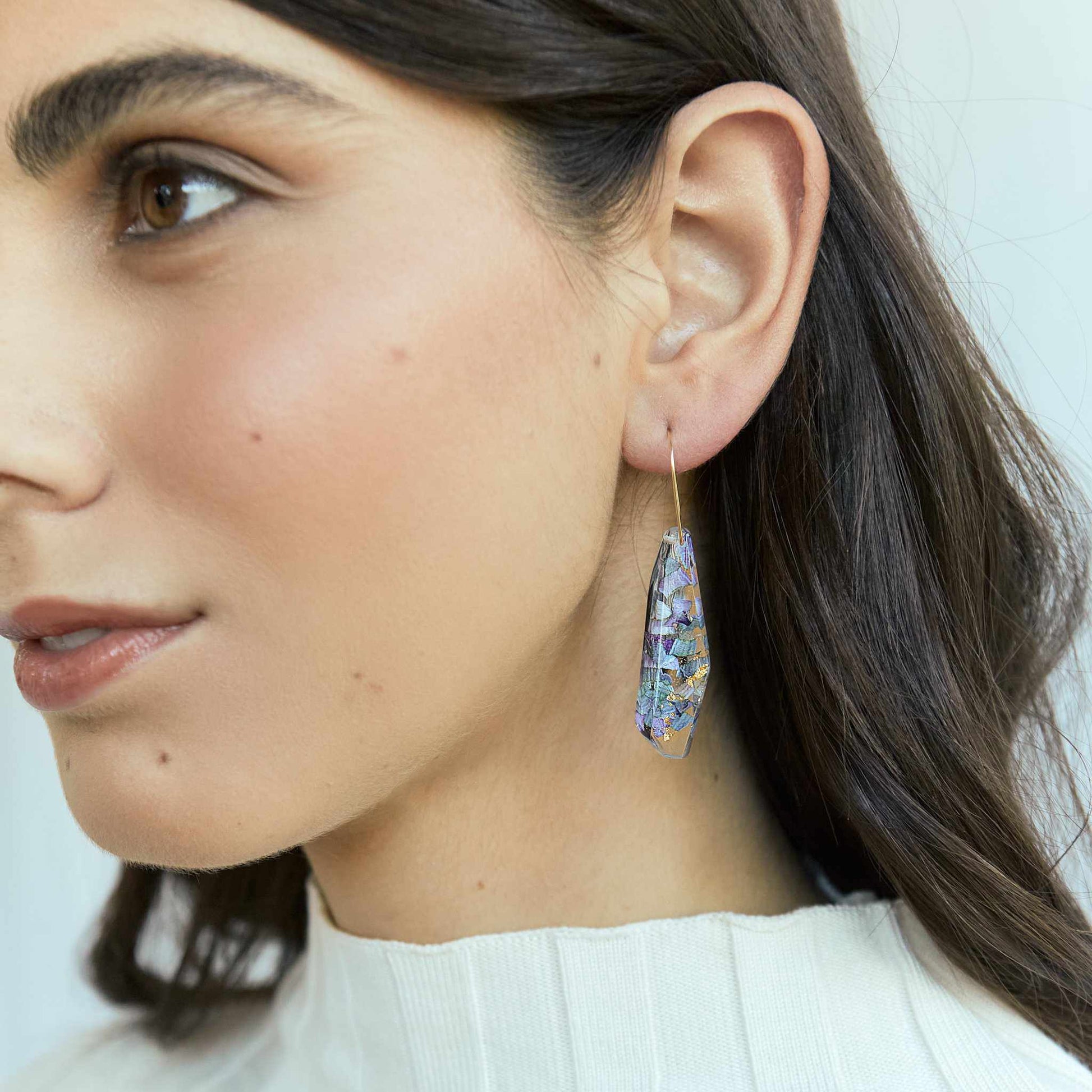 Model wearing Faceted Dangles - Golden Wattle & Gumnut Blossom handmade resin earrings - Little Hurricane Co