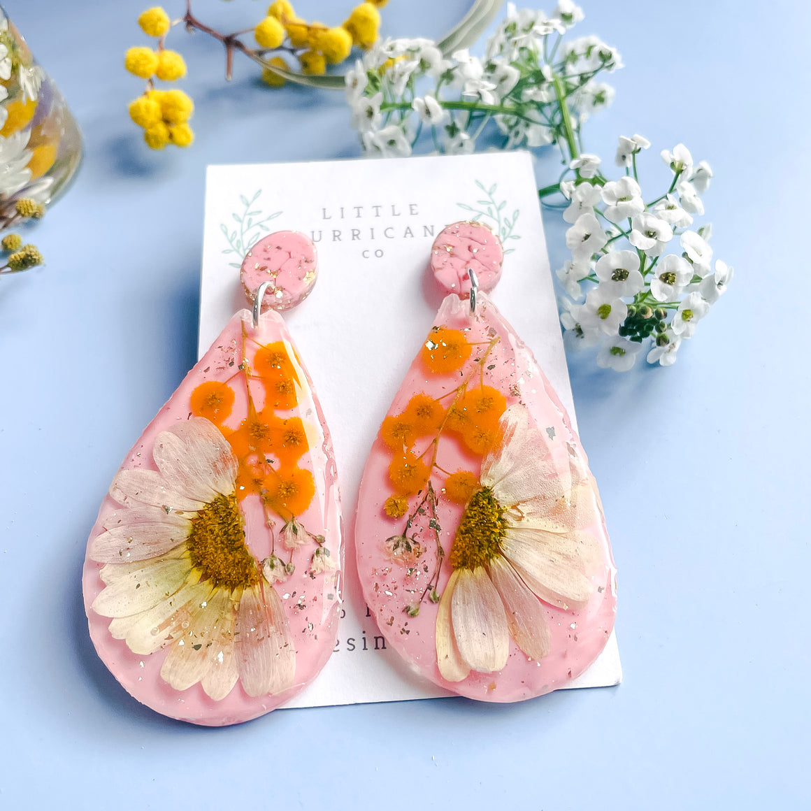 Daisy & Wattle on Pink Geode Earrings