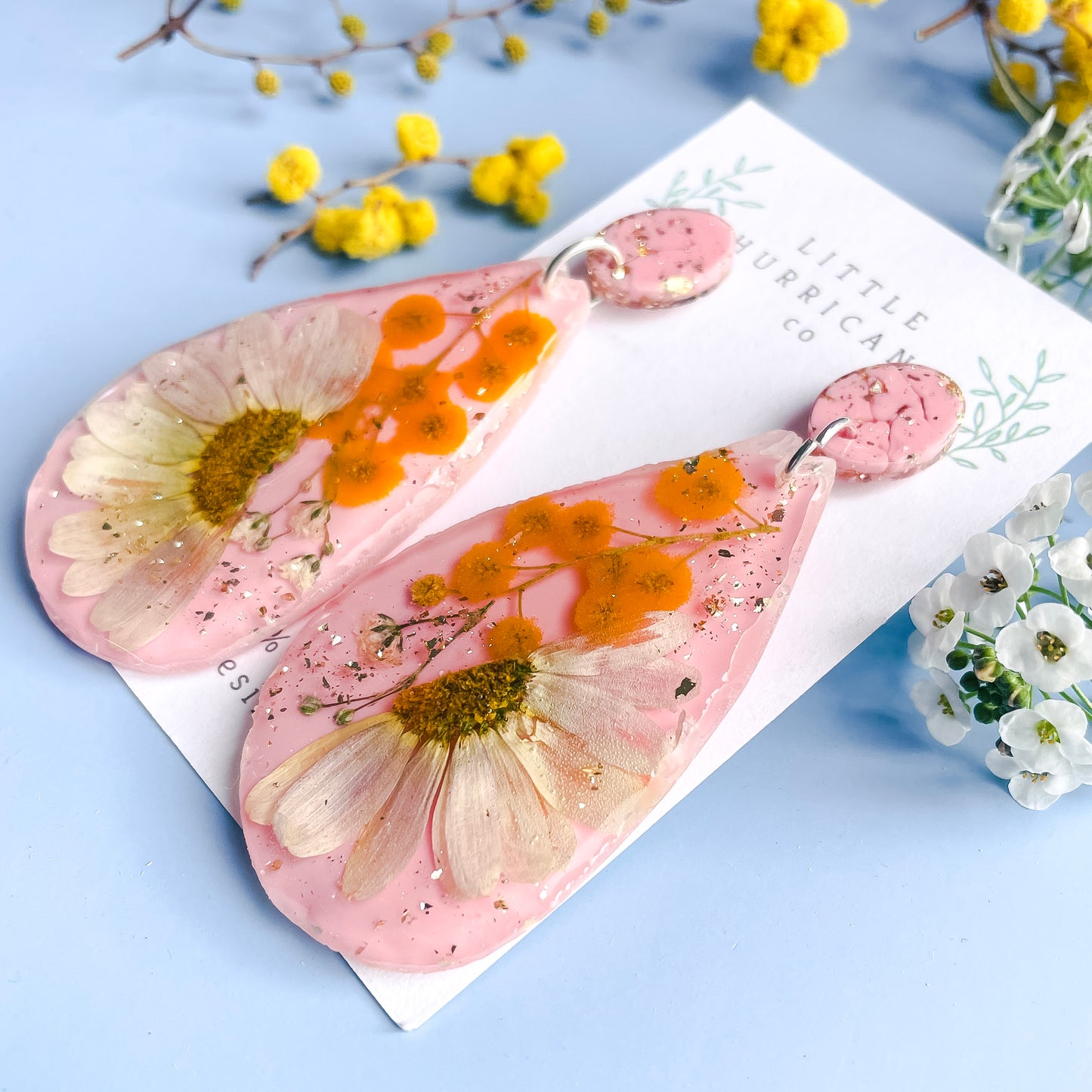 Daisy & Wattle on Pink Geode Earrings