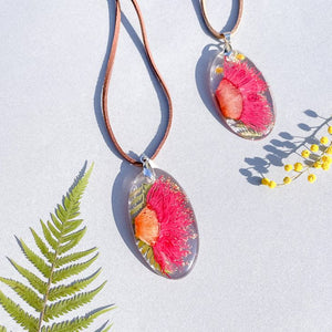 Deep Pink Gum Blossom & Fern Oval Necklace