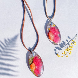 Deep Pink Gum Blossom & Fern Oval Necklace