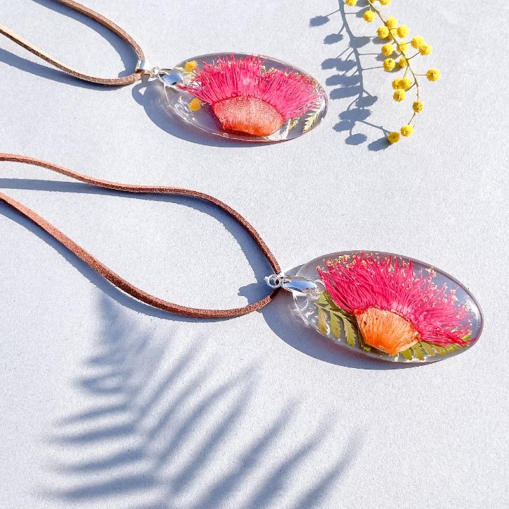 Deep Pink Gum Blossom & Fern Oval Necklace