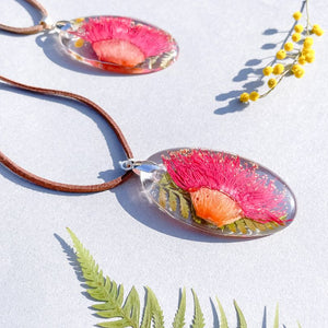 Deep Pink Gum Blossom & Fern Oval Necklace