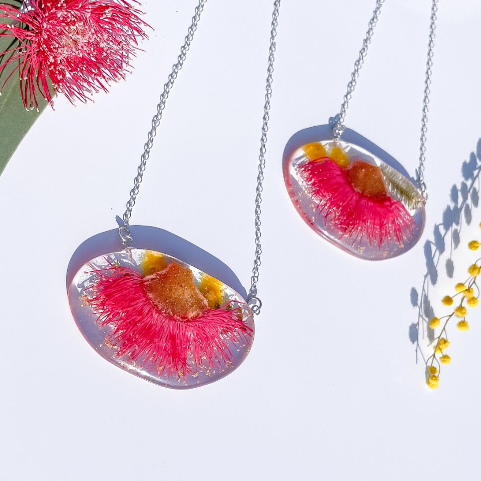 Pink Gum Blossom & Wattle Pebble Necklace