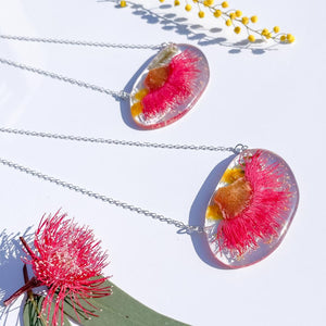 Pink Gum Blossom & Wattle Pebble Necklace