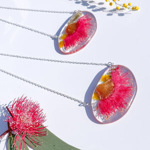 Pink Gum Blossom & Wattle Pebble Necklace