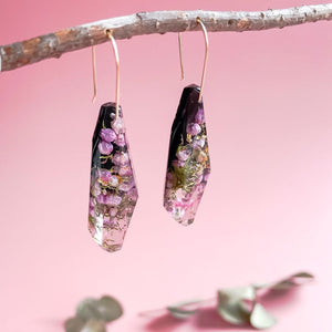 Faceted Dangle Earrings - Heath flowers on black