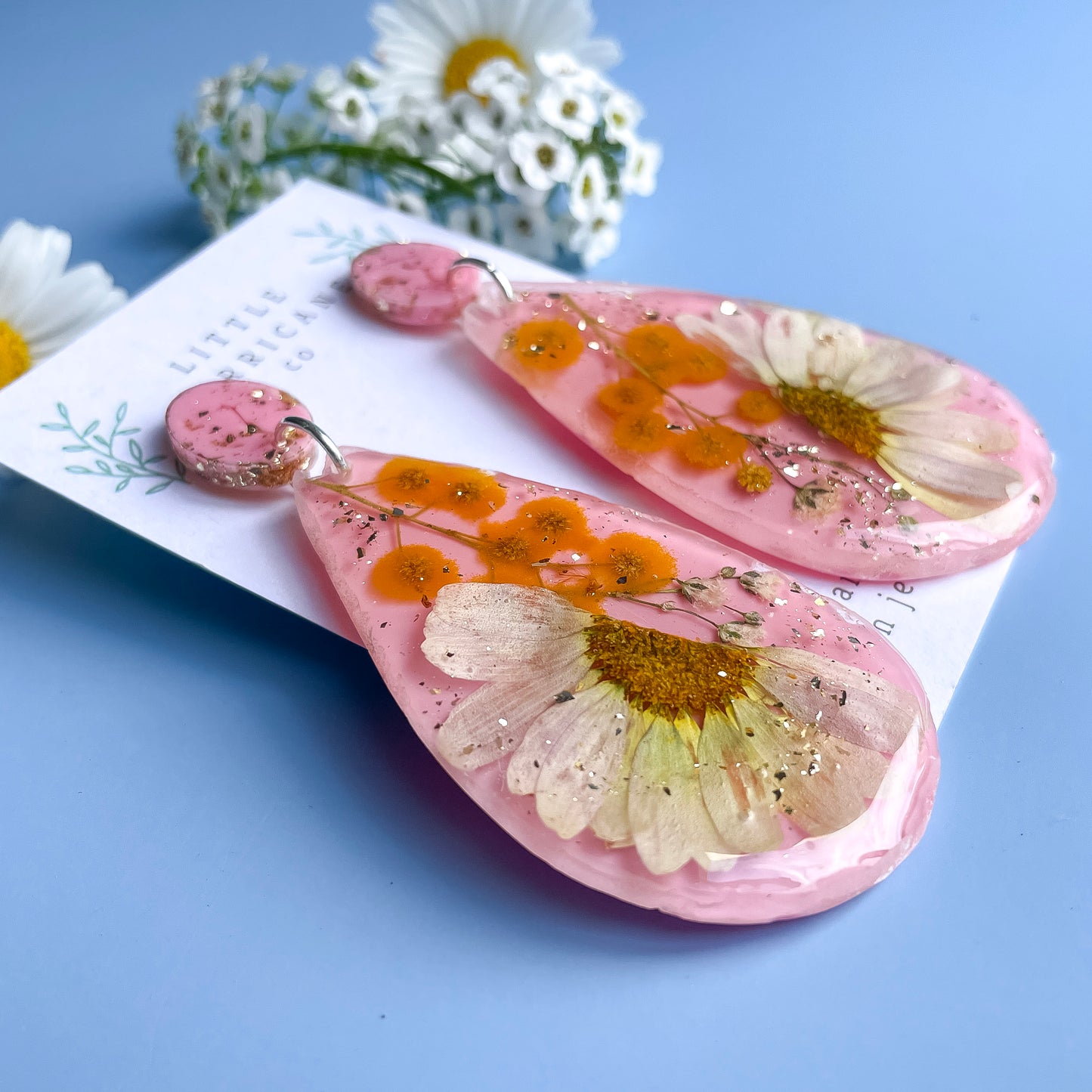 Daisy & Wattle on Pink Geode Earrings