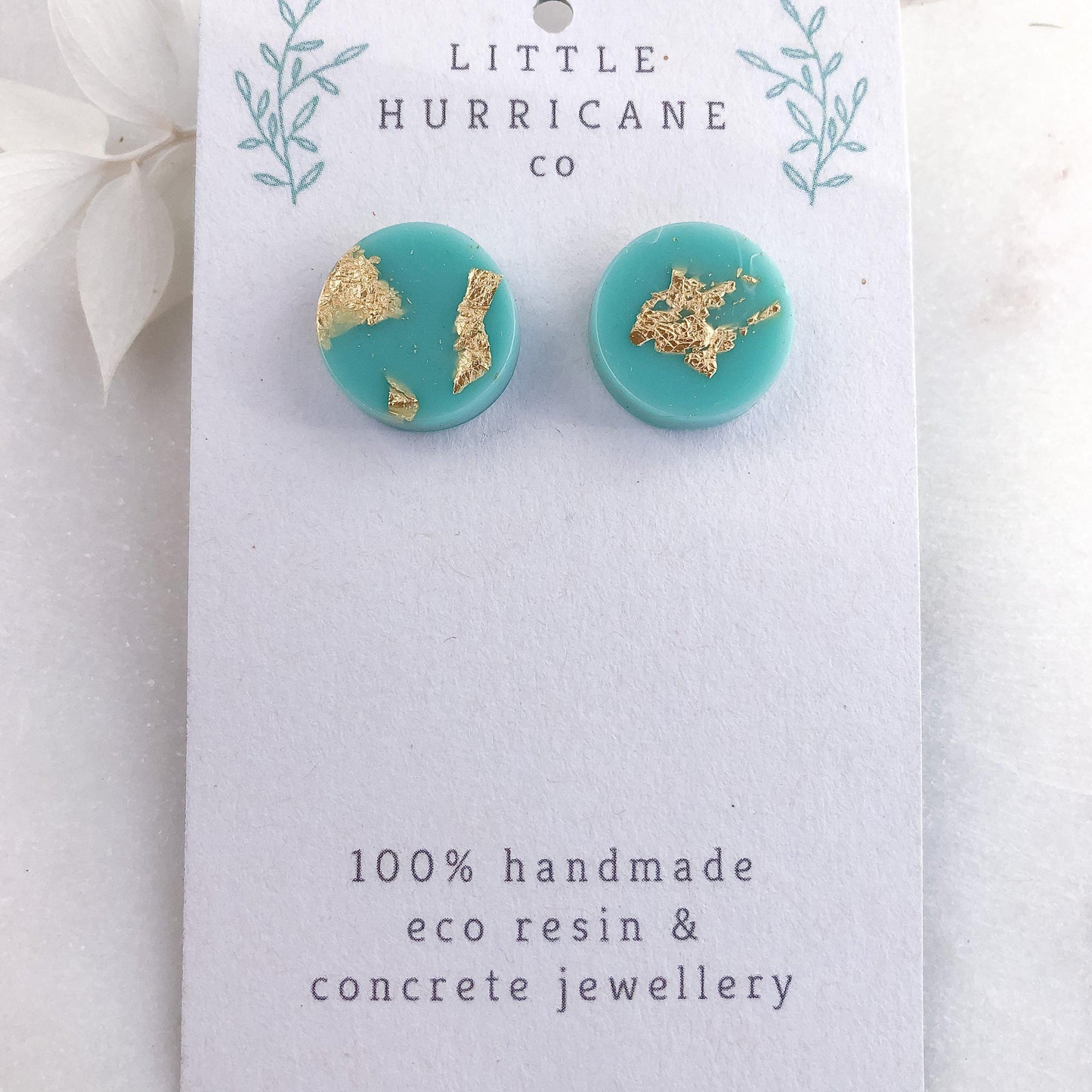 Gold Leaf Aqua Mint Button Studs - Little Hurricane Co