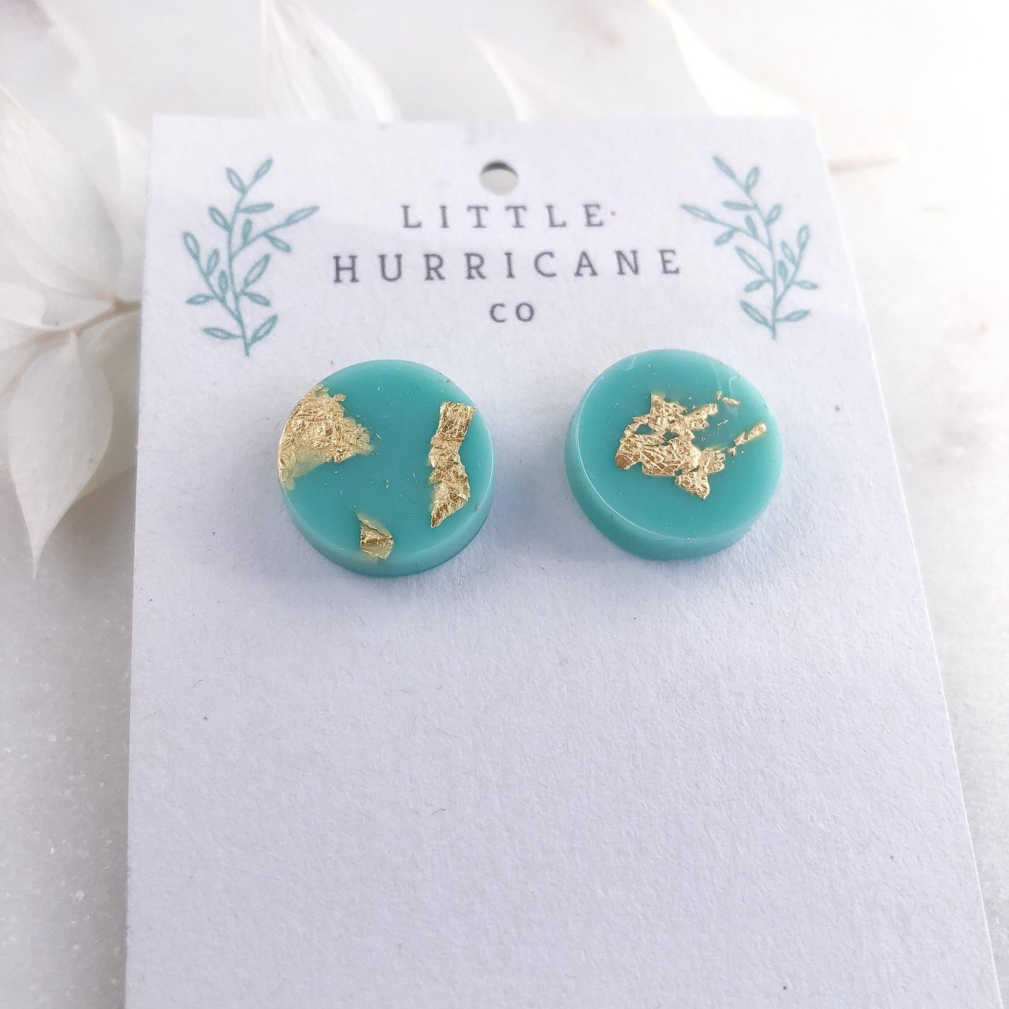 Gold Leaf Aqua Mint Button Studs - Little Hurricane Co