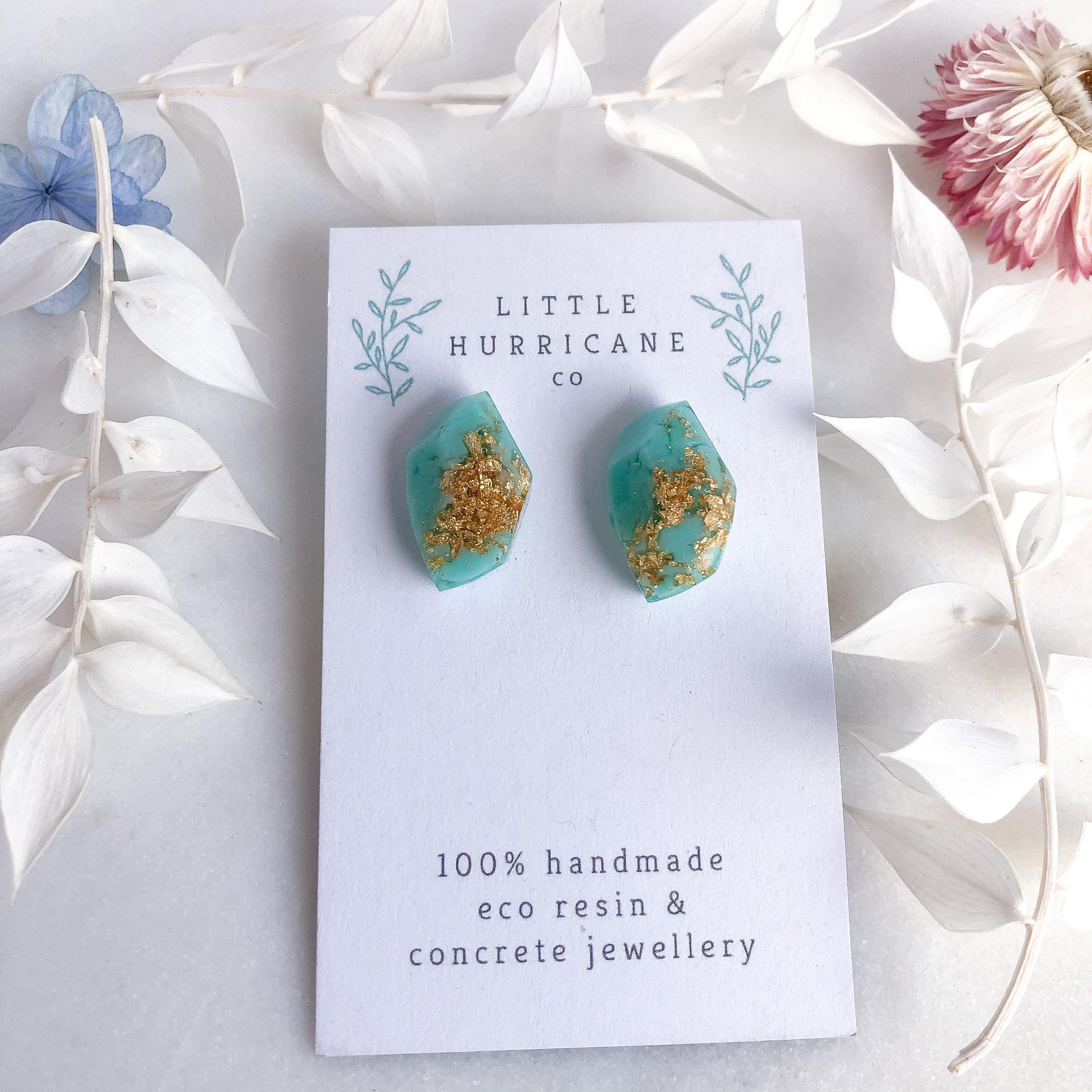 Gold Leaf Turquoise Geometric Studs - Little Hurricane Co